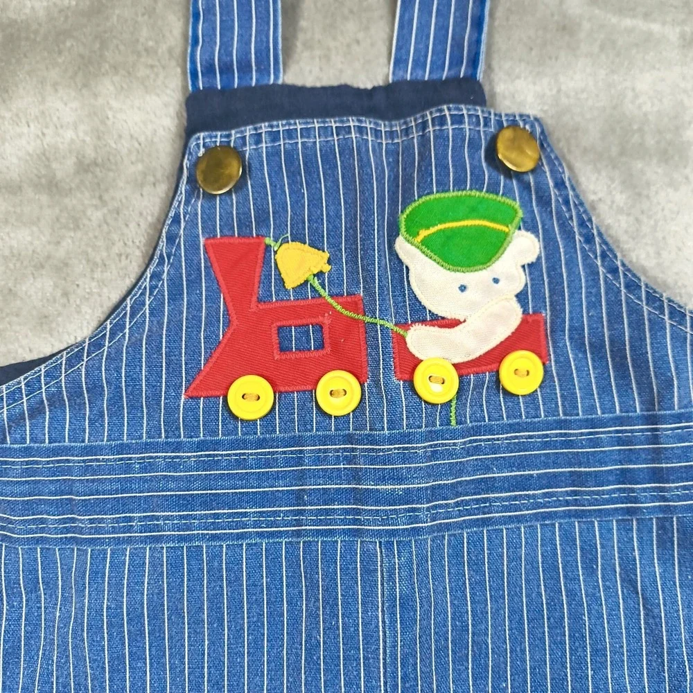 Vintage By Thomas Overalls Baby 12M Blue Pinstripe Train Cartoon Made In USA 80s